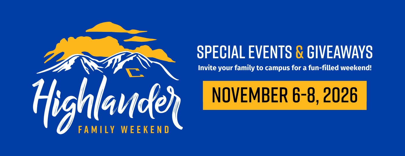 UCR Highlander Family Weekend 2026 banner announcing special events and giveaways, November 6–8, 2026;