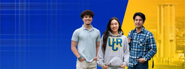 Group of UCR students in front of the bell tower and tartan pattern backdrop