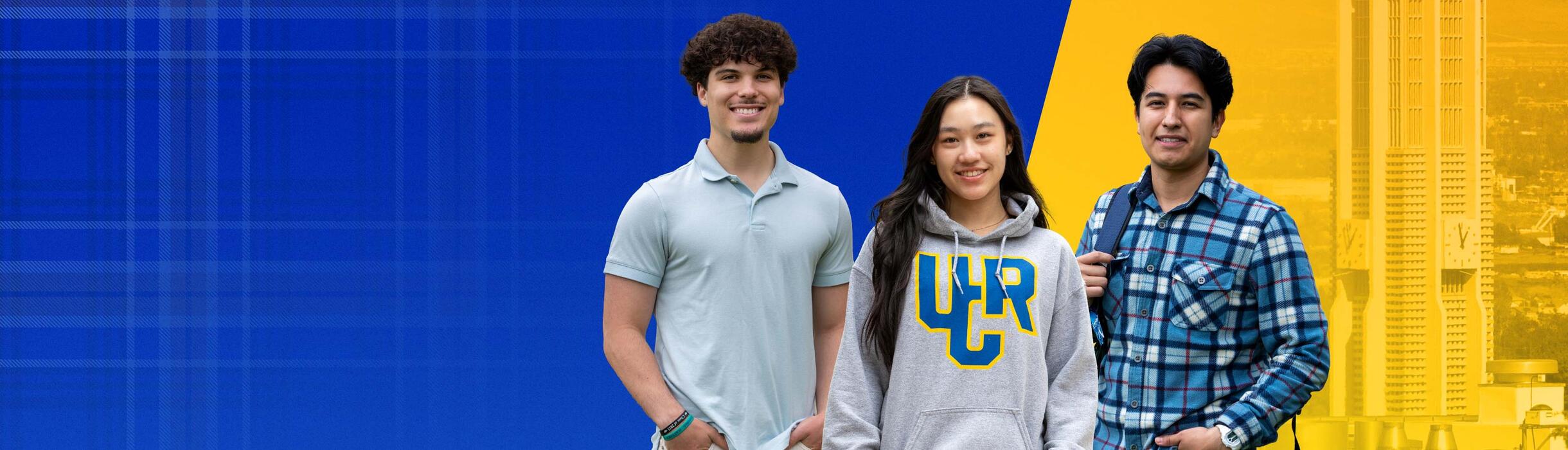 Three college students smiling, one in a UCR hoodie, against blue and gold campus-themed background with bell tower